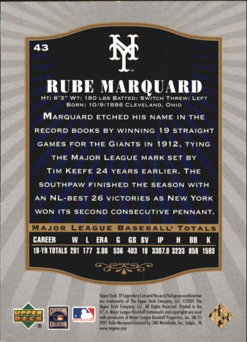 2001 SP Legendary Cuts #43 Rube Marquard back image