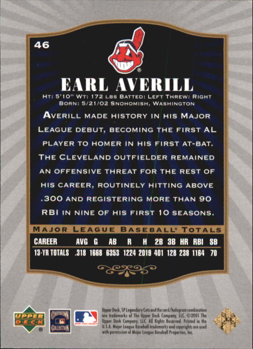 2001 SP Legendary Cuts #46 Earl Averill back image