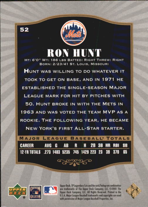 2001 SP Legendary Cuts #52 Ron Hunt back image