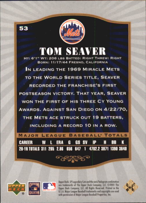 2001 SP Legendary Cuts #53 Tom Seaver back image