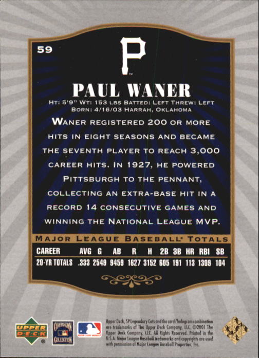 2001 SP Legendary Cuts #59 Paul Waner back image