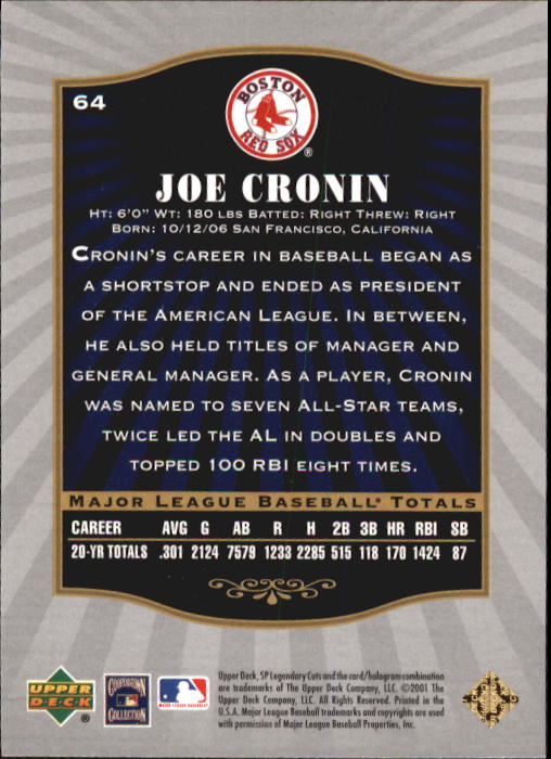 2001 SP Legendary Cuts #64 Joe Cronin back image