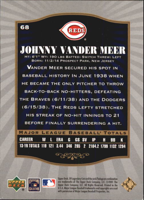 2001 SP Legendary Cuts #68 Johnny VanderMeer back image