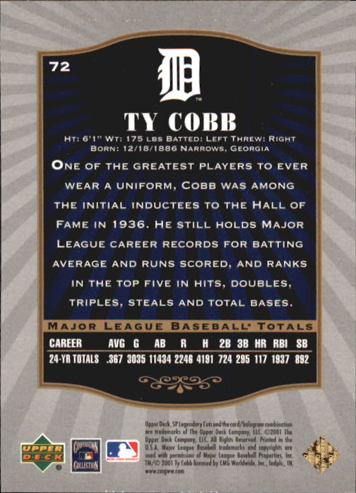 2001 SP Legendary Cuts #72 Ty Cobb back image