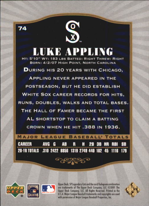 2001 SP Legendary Cuts #74 Luke Appling back image