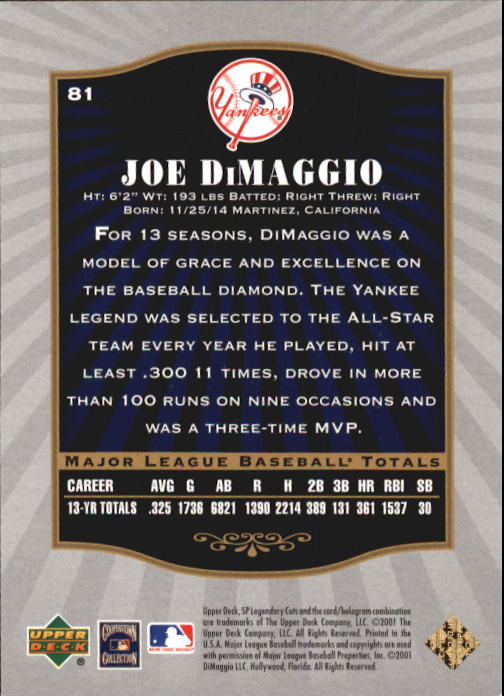 2001 SP Legendary Cuts #81 Joe DiMaggio back image