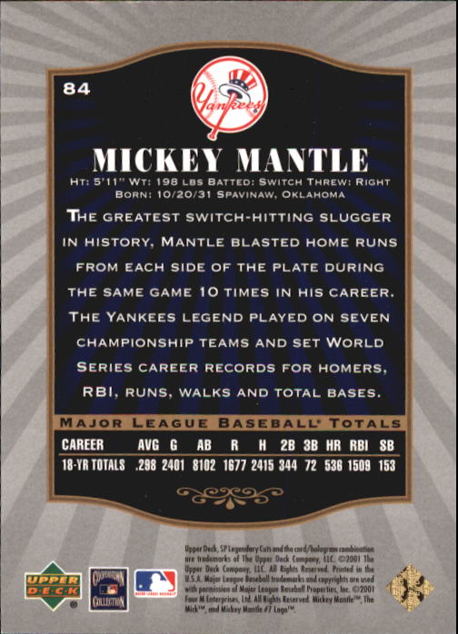 2001 SP Legendary Cuts #84 Mickey Mantle back image
