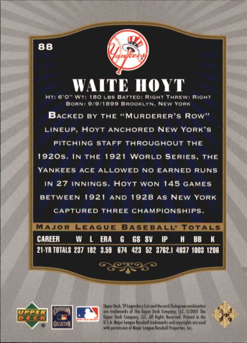 2001 SP Legendary Cuts #88 Waite Hoyt back image