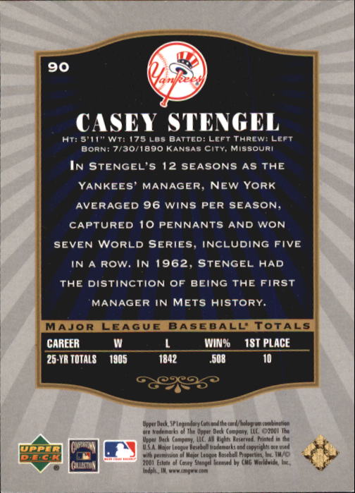 2001 SP Legendary Cuts #90 Casey Stengel back image