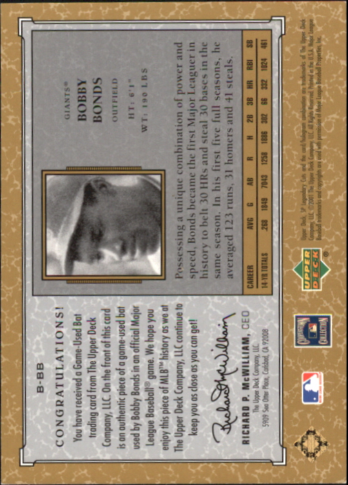 2001 SP Legendary Cuts Debut Game Bat #BBB Bobby Bonds back image