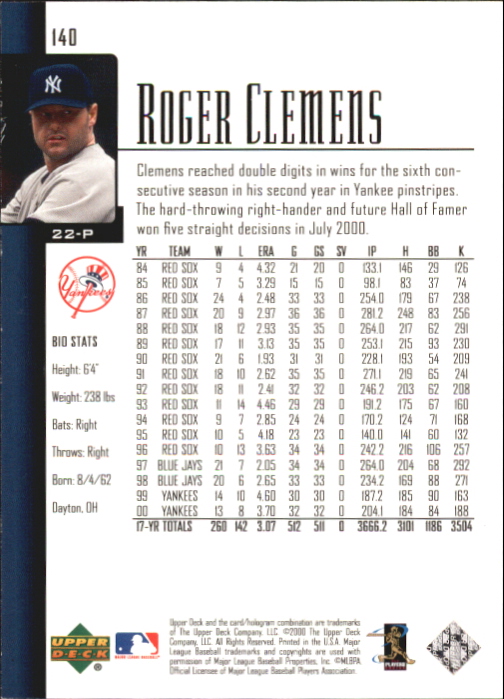 2001 Upper Deck Exclusives Silver #140 Roger Clemens back image
