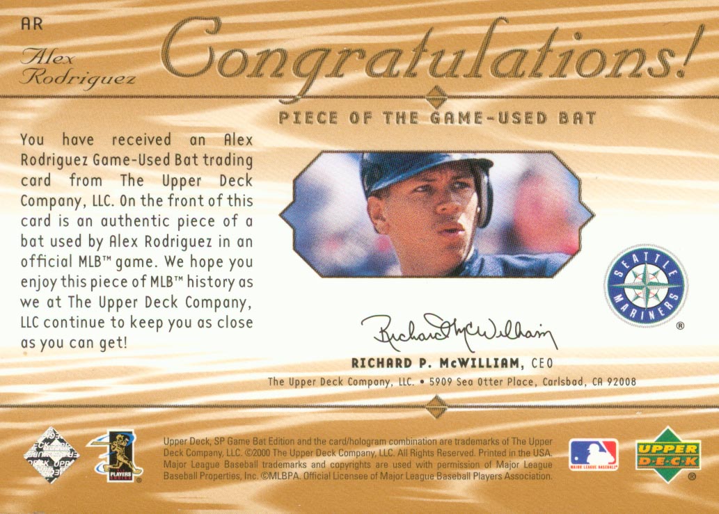 2001 SP Game Bat Edition Piece of the Game #AR Alex Rodriguez back image