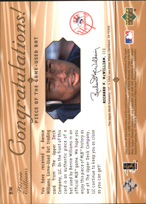 2001 SP Game Bat Edition Piece of the Game #BW Bernie Williams back image