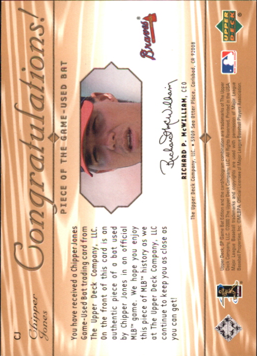 2001 SP Game Bat Edition Piece of the Game #CJ Chipper Jones back image