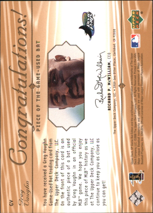 2001 SP Game Bat Edition Piece of the Game #GV Greg Vaughn back image