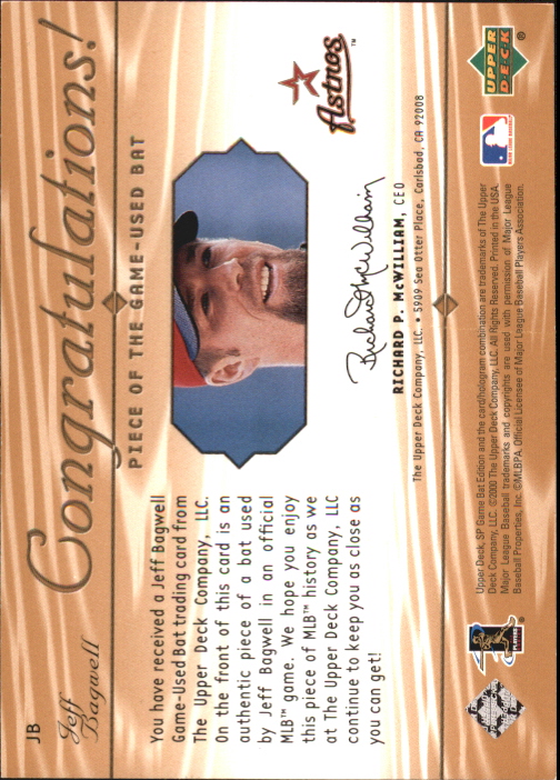 2001 SP Game Bat Edition Piece of the Game #JB Jeff Bagwell SP back image