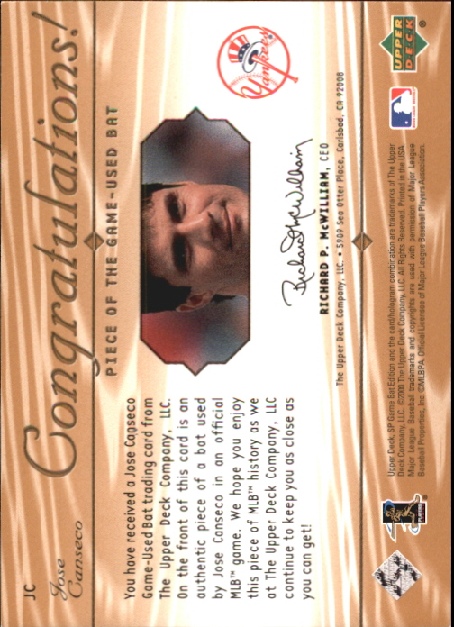 2001 SP Game Bat Edition Piece of the Game #JC Jose Canseco back image
