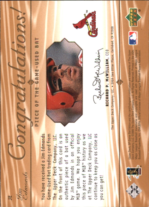 2001 SP Game Bat Edition Piece of the Game #JE Jim Edmonds back image