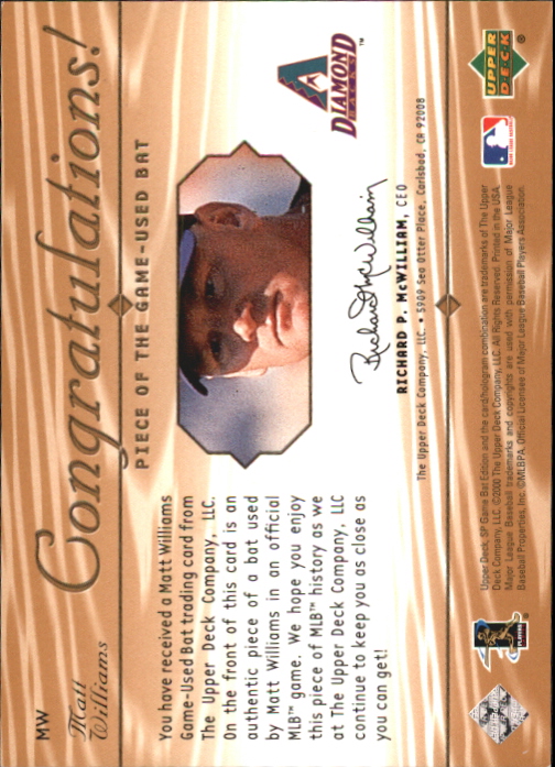 2001 SP Game Bat Edition Piece of the Game #MW Matt Williams back image