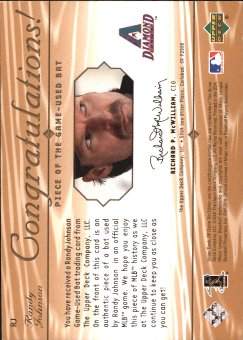2001 SP Game Bat Edition Piece of the Game #RJ Randy Johnson back image