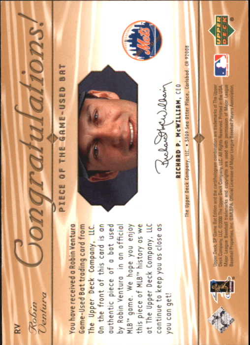 2001 SP Game Bat Edition Piece of the Game #RV Robin Ventura back image