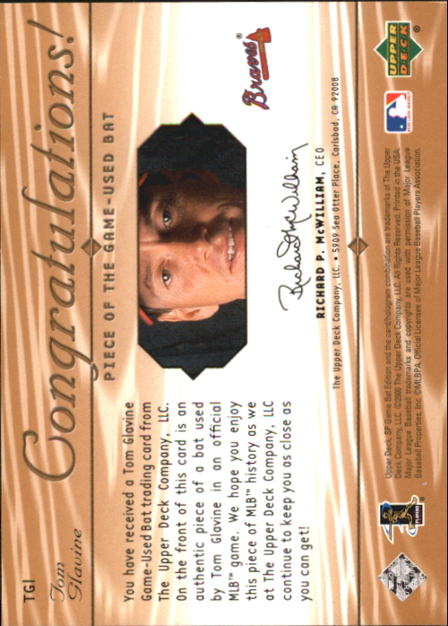 2001 SP Game Bat Edition Piece of the Game #TGL Tom Glavine SP back image