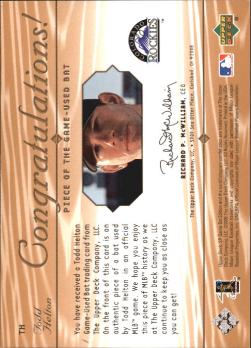 2001 SP Game Bat Edition Piece of the Game #TH Todd Helton back image