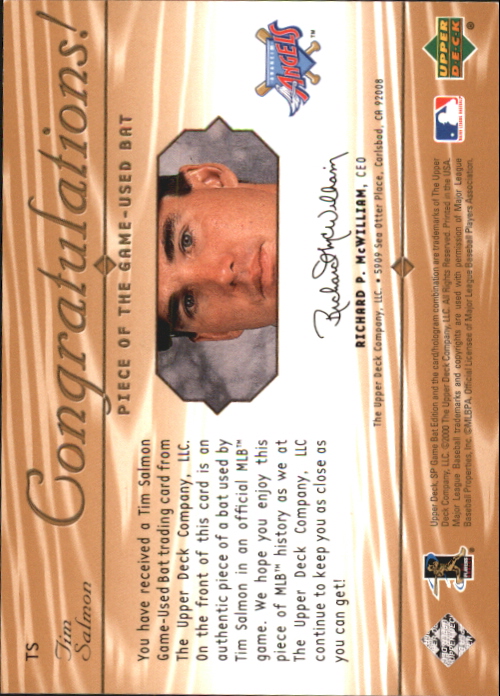 2001 SP Game Bat Edition Piece of the Game #TS Tim Salmon SP back image