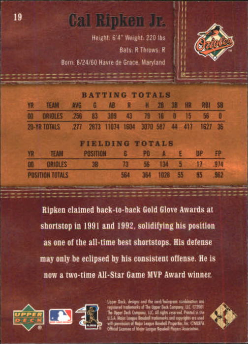 2001 Upper Deck Gold Glove #19 Cal Ripken back image