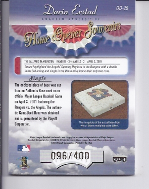 2001 Absolute Memorabilia Home Opener Souvenirs #OD25 Darin Erstad back image