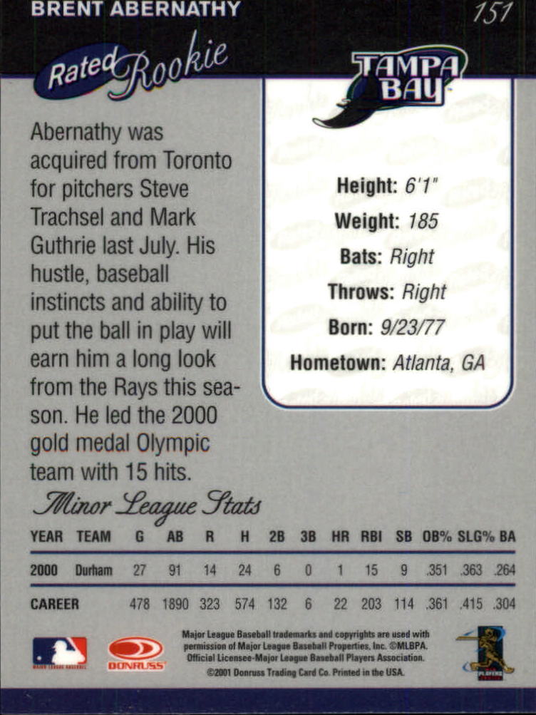 2001 Donruss Baseball's Best Bronze #151 Brent Abernathy RR back image