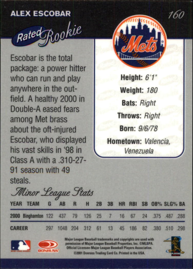 2001 Donruss Baseball's Best Bronze #160 Alex Escobar RR back image