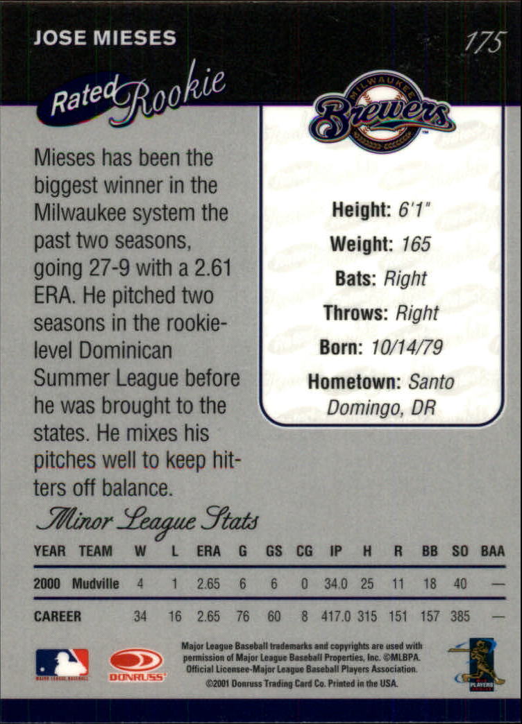 2001 Donruss Baseball's Best Bronze #175 Jose Mieses RR back image