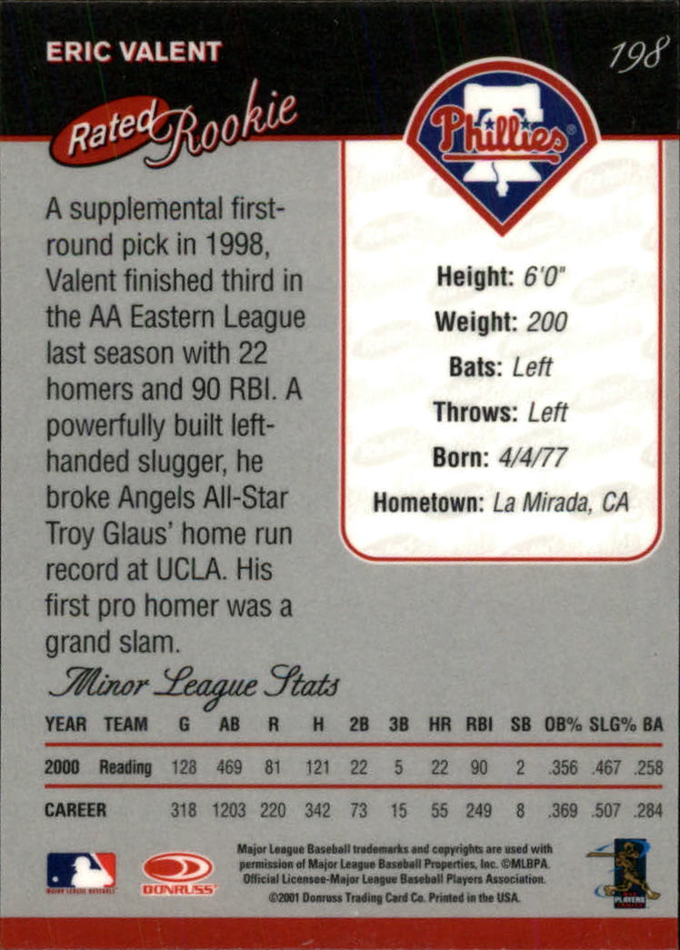 2001 Donruss Baseball's Best Bronze #198 Eric Valent RR back image