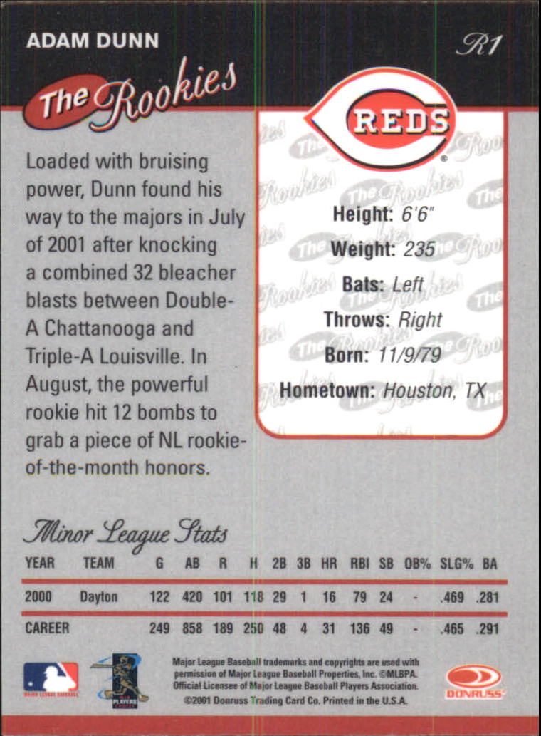 2001 Donruss Baseball's Best Bronze Rookies #R1 Adam Dunn back image