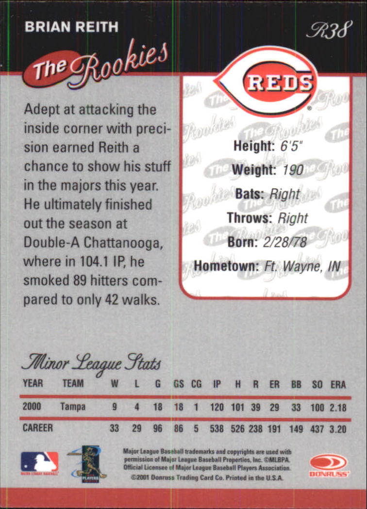 2001 Donruss Baseball's Best Bronze Rookies #R38 Brian Reith back image