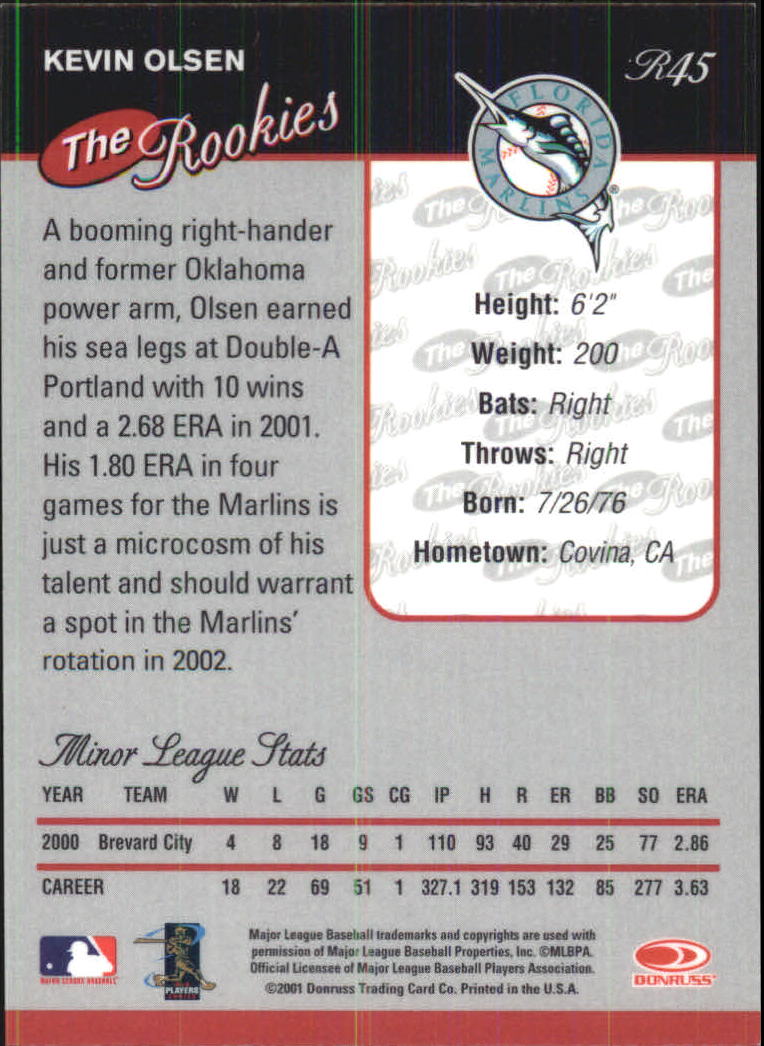 2001 Donruss Baseball's Best Bronze Rookies #R45 Kevin Olsen back image