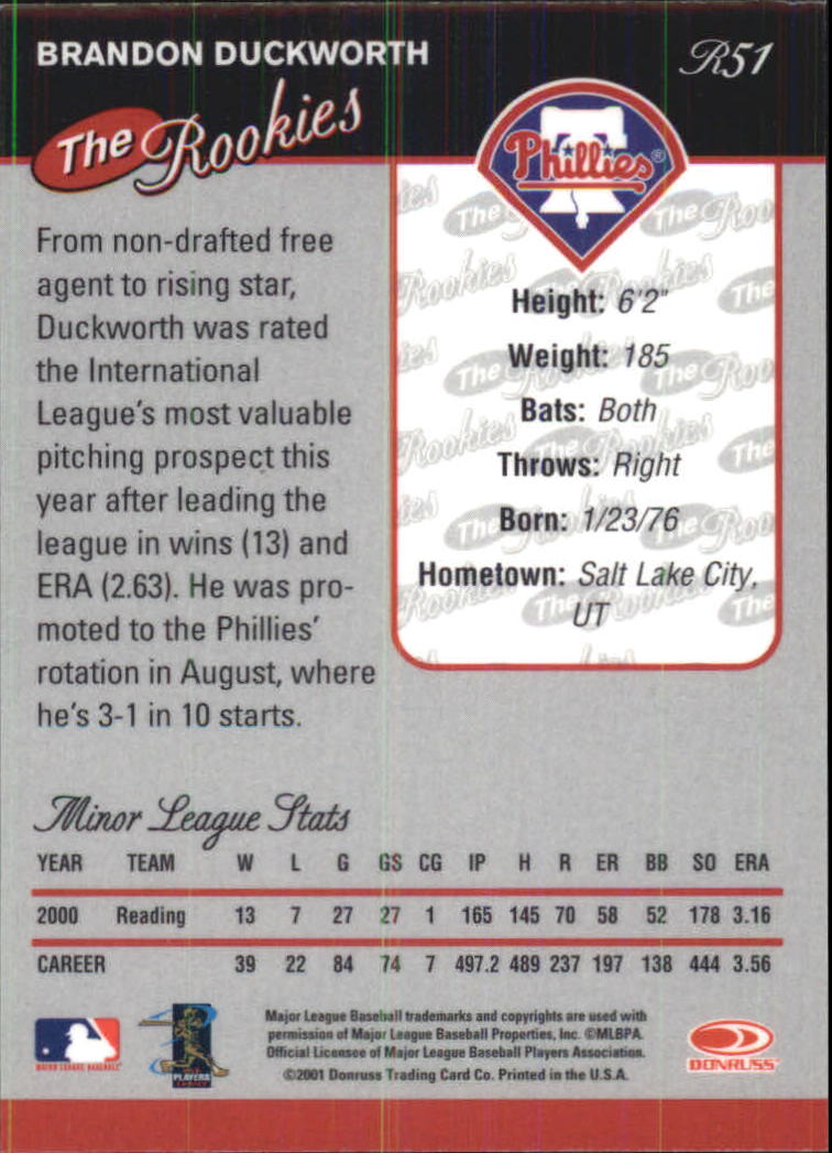 2001 Donruss Baseball's Best Bronze Rookies #R51 Brandon Duckworth back image