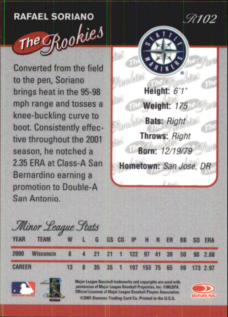 2001 Donruss Baseball's Best Bronze Rookies #R102 Rafael Soriano UPD back image