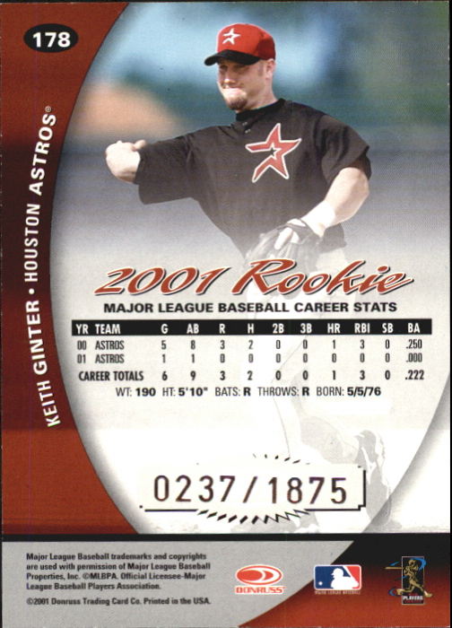 2001 Donruss Class of 2001 Rookie Autographs #178 Keith Ginter/250* back image