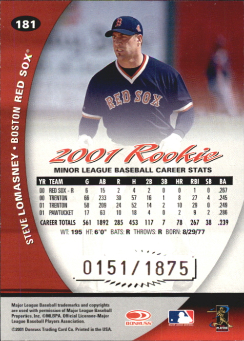 2001 Donruss Class of 2001 Rookie Autographs #181 Steve Lomasney/250* back image