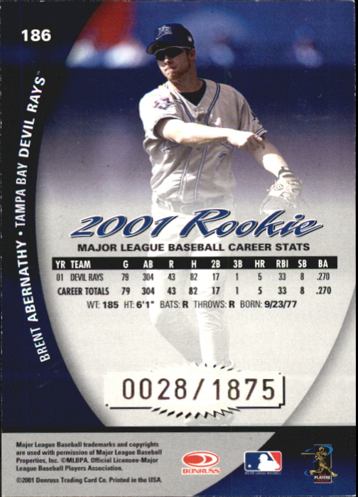 2001 Donruss Class of 2001 Rookie Autographs #186 Brent Abernathy/250* back image