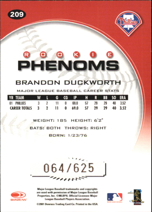 2001 Donruss Class of 2001 Rookie Autographs #209 Bran Duckworth PH/100* back image