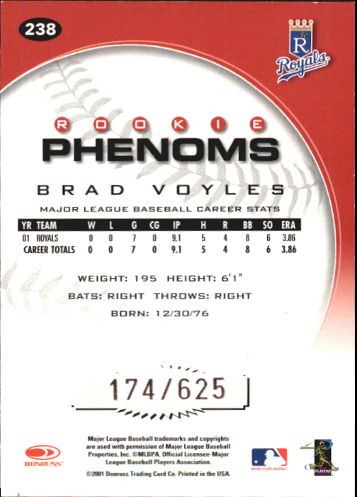 2001 Donruss Class of 2001 Rookie Autographs #238 Brad Voyles PH/200* back image