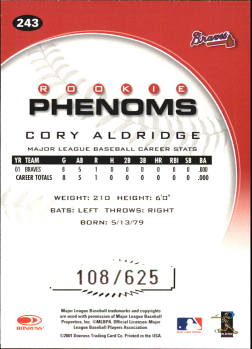 2001 Donruss Class of 2001 Rookie Autographs #243 Cory Aldridge PH/200* back image