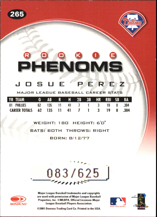 2001 Donruss Class of 2001 Rookie Autographs #265 Josue Perez PH/200* back image