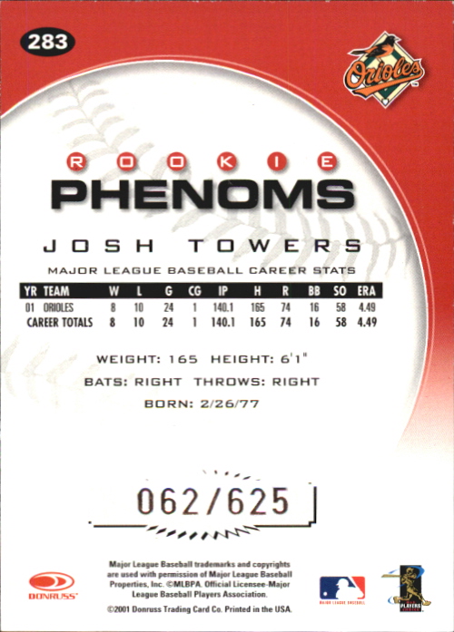 2001 Donruss Class of 2001 Rookie Autographs #283 Josh Towers PH/100* back image