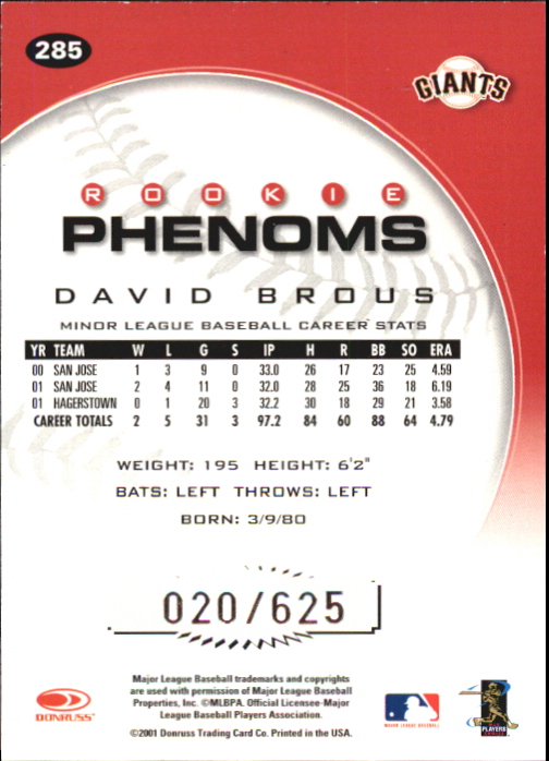 2001 Donruss Class of 2001 Rookie Autographs #285 David Brous PH/200* back image