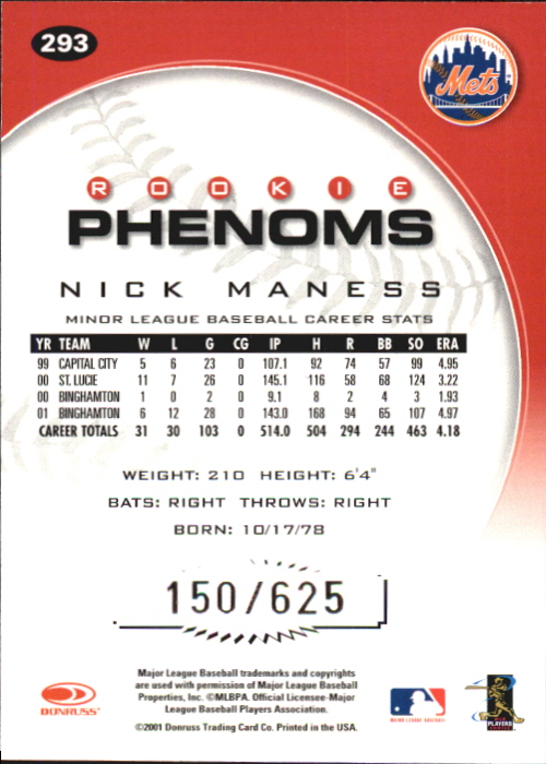 2001 Donruss Class of 2001 Rookie Autographs #293 Nick Maness PH/200* back image
