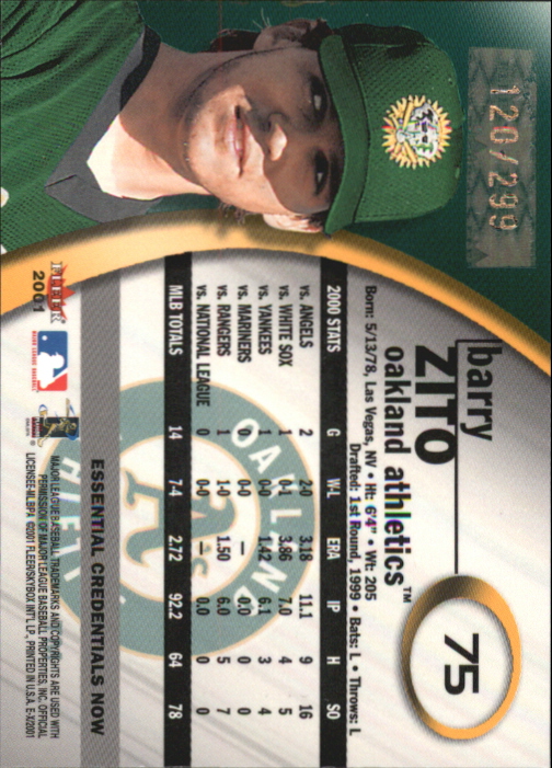 2001 E-X Essential Credentials #75 Barry Zito back image